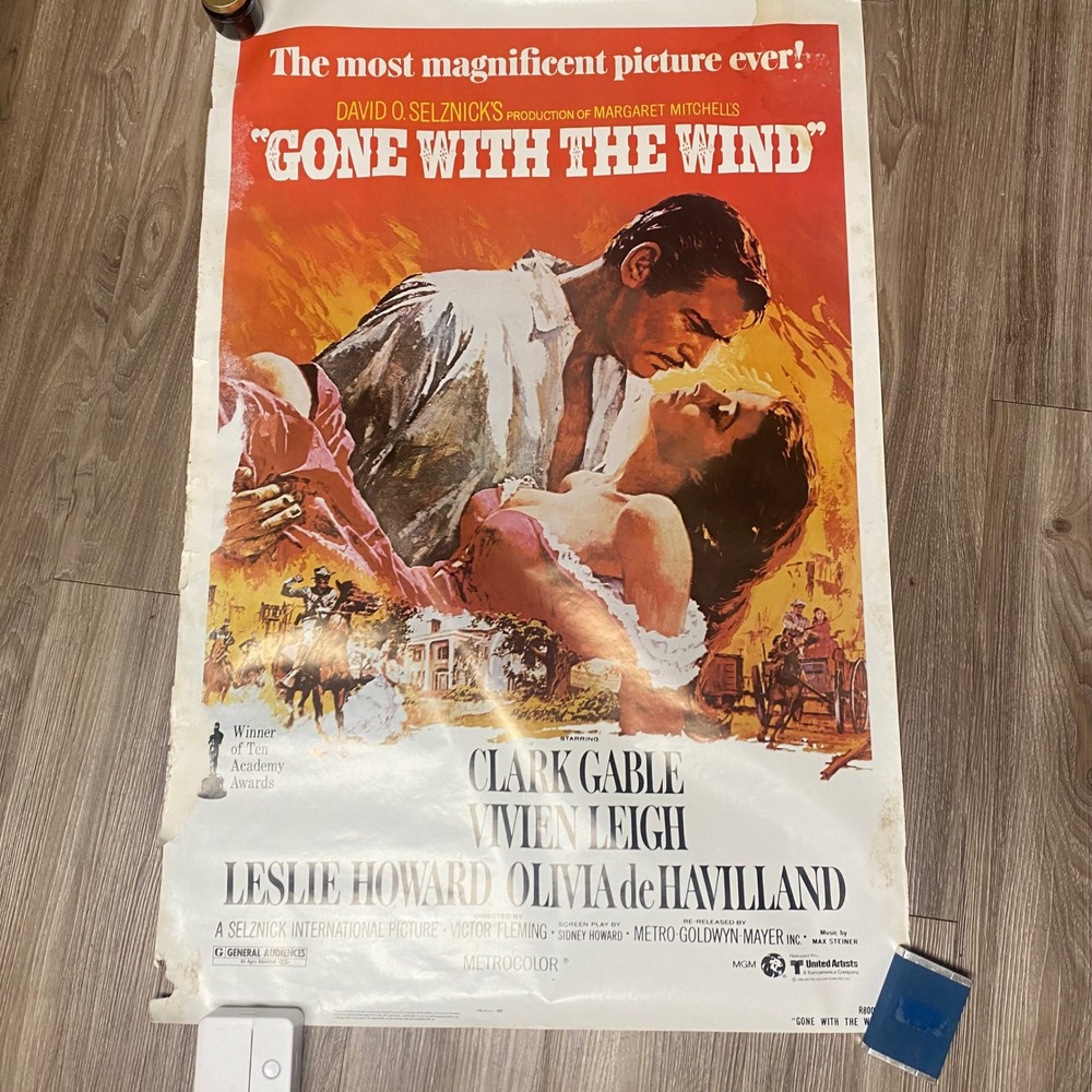 Vintage Gone With The Wind Movie Poster Clark Gable Vivien Leigh MGM Re-release